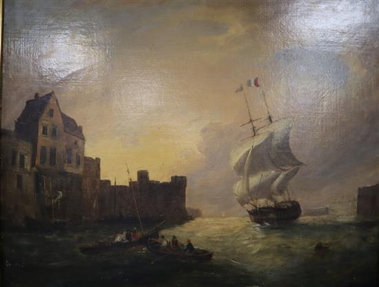 French School (19th century), oil on canvas, Sailing ships putting into harbour, 62 x 75cm